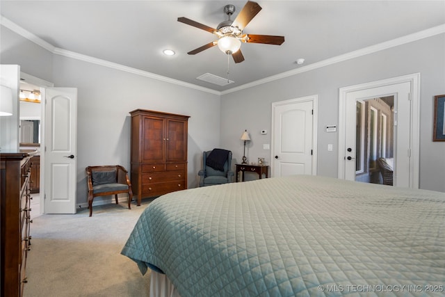 bedroom with recessed lighting, a ceiling fan, light colored carpet, and crown molding