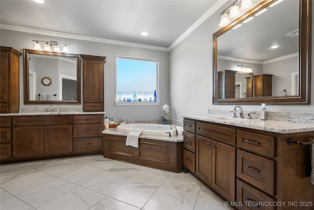 full bath with a bath, ornamental molding, two vanities, and a sink