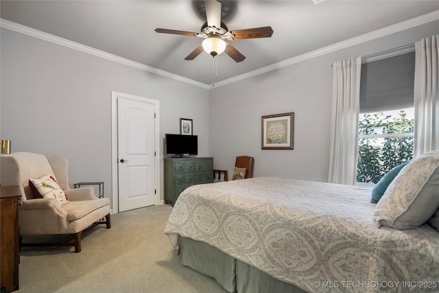 bedroom with light carpet, ceiling fan, and ornamental molding