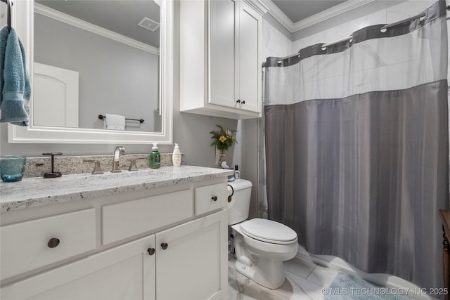 bathroom featuring visible vents, a shower with curtain, toilet, crown molding, and vanity