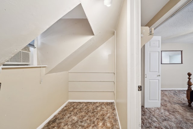 additional living space with a textured ceiling, baseboards, and carpet