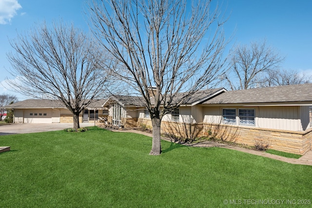 single story home featuring stone siding and a front yard