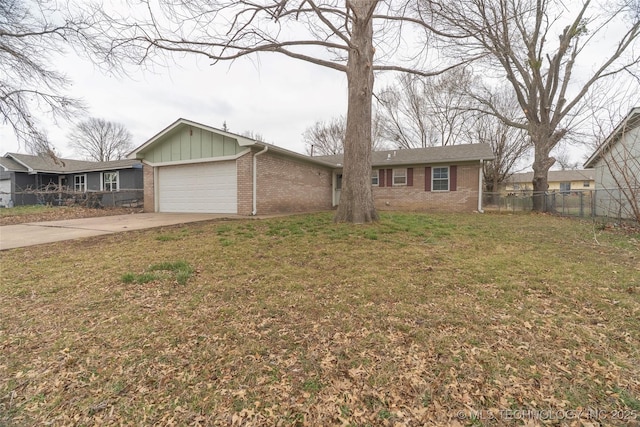 ranch-style home featuring brick siding, a front lawn, fence, concrete driveway, and an attached garage