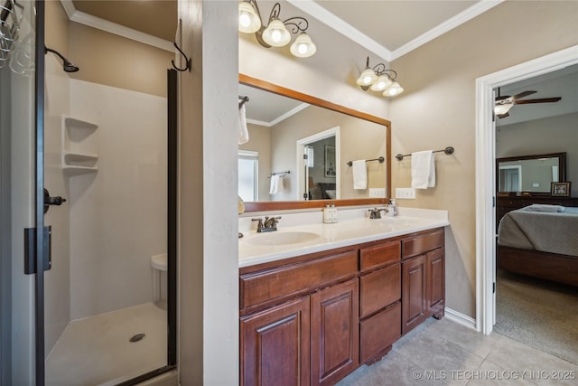 bathroom featuring ensuite bath, ornamental molding, a shower stall, and a sink