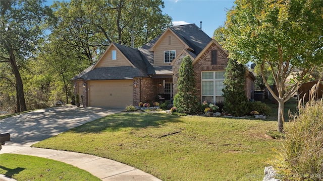 view of front of property with brick siding, an attached garage, driveway, and a front lawn