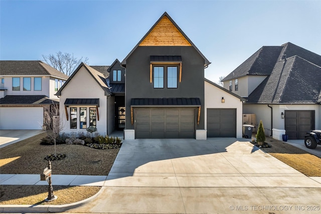 modern farmhouse with a standing seam roof, an attached garage, driveway, and metal roof