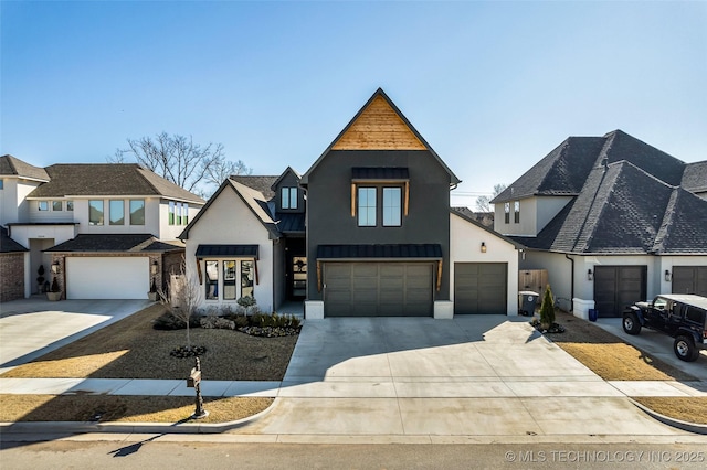 modern farmhouse with a standing seam roof, stucco siding, driveway, and a garage