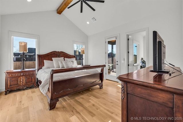 bedroom featuring visible vents, high vaulted ceiling, ceiling fan, light wood-style floors, and beamed ceiling