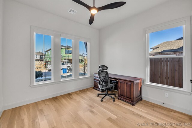 office with visible vents, baseboards, wood finished floors, and a ceiling fan