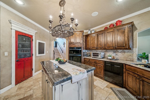 kitchen with black appliances, ornamental molding, arched walkways, and stone tile flooring