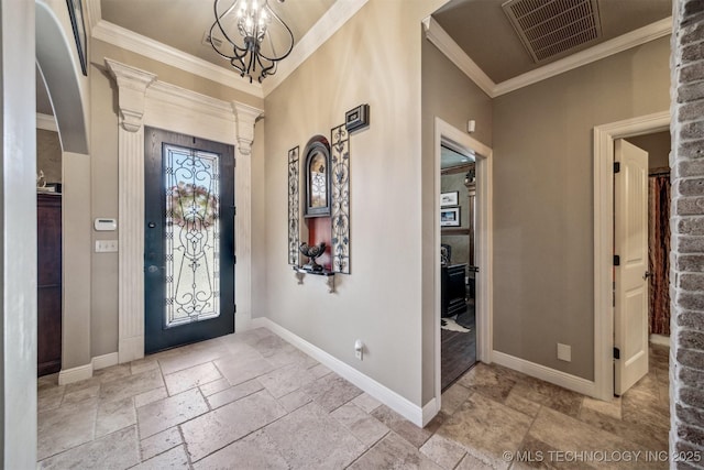 foyer entrance with crown molding, stone tile floors, arched walkways, and visible vents