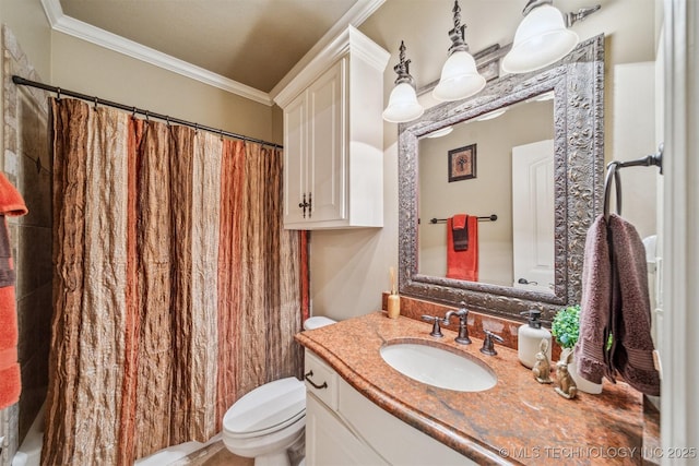 bathroom with curtained shower, toilet, vanity, and ornamental molding