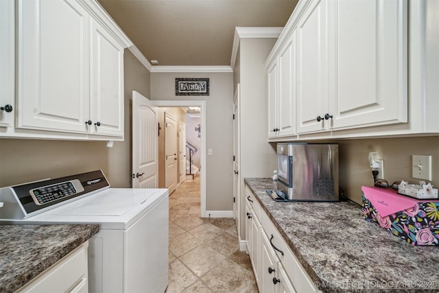 7161 Hackberry Rdg, Owasso, OK 74055 - washroom with cabinet space, ornamental molding, independent washer and dryer, and baseboards