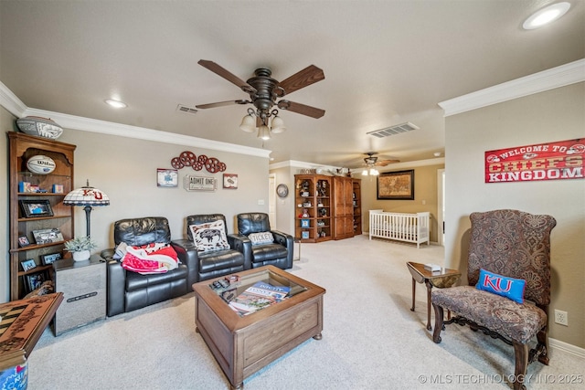 carpeted living area with recessed lighting, visible vents, ornamental molding, and ceiling fan