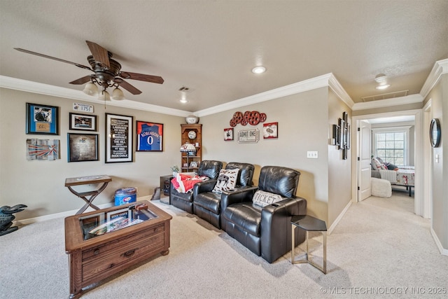 7161 Hackberry Rdg, Owasso, OK 74055 - living area with carpet floors, ornamental molding, baseboards, a ceiling fan, and recessed lighting