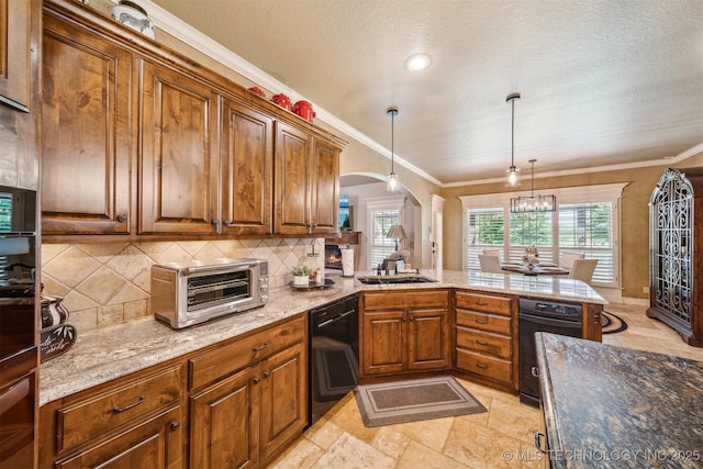 7161 Hackberry Rdg, Owasso, OK 74055 - kitchen with dishwasher, arched walkways, a sink, backsplash, and brown cabinets