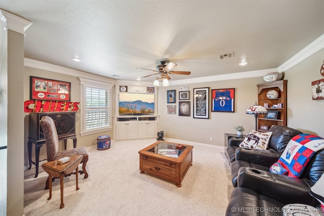 7161 Hackberry Rdg, Owasso, OK 74055 - living area featuring a ceiling fan, crown molding, carpet flooring, baseboards, and recessed lighting