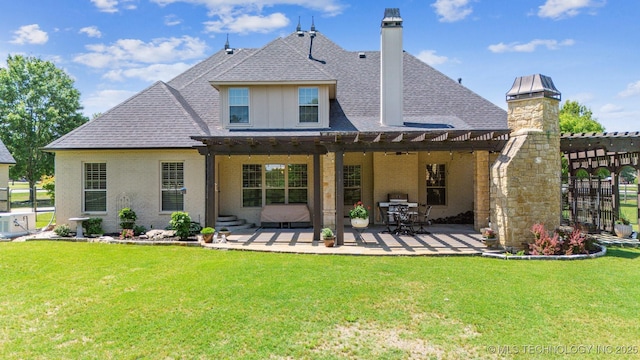 7161 Hackberry Rdg, Owasso, OK 74055 - back of house featuring a shingled roof, a pergola, a patio, brick siding, and a chimney