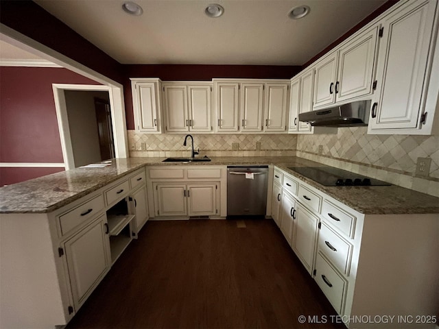 kitchen featuring under cabinet range hood, stainless steel dishwasher, white cabinets, black electric cooktop, and a sink