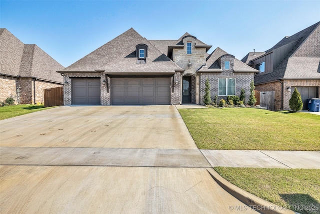 french country inspired facade featuring a front lawn, fence, concrete driveway, an attached garage, and brick siding