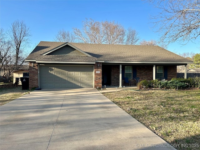 ranch-style home with brick siding, an attached garage, driveway, and roof with shingles