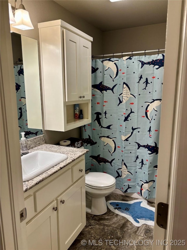 bathroom with toilet, vanity, and a shower with shower curtain