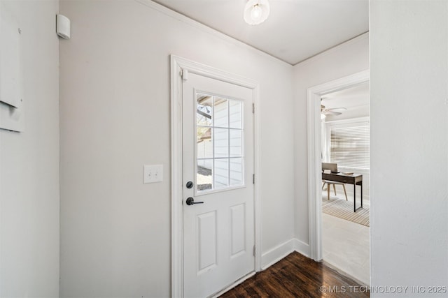 doorway with dark wood-style floors, plenty of natural light, and baseboards