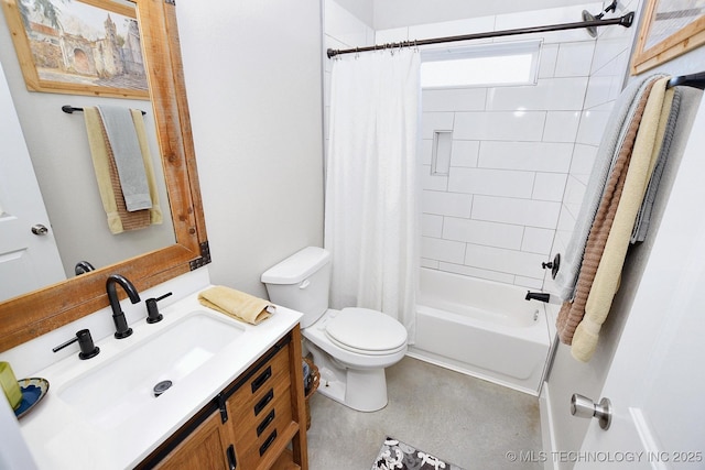 bathroom featuring vanity, shower / tub combo, toilet, and concrete flooring