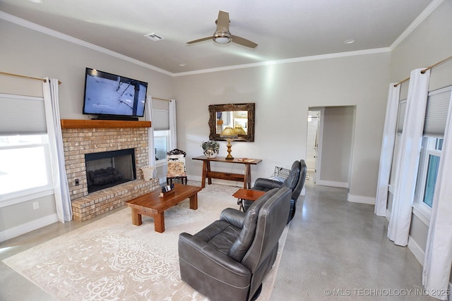 living area featuring baseboards, a brick fireplace, concrete floors, and ornamental molding