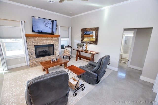 living room featuring a fireplace, a ceiling fan, crown molding, and baseboards