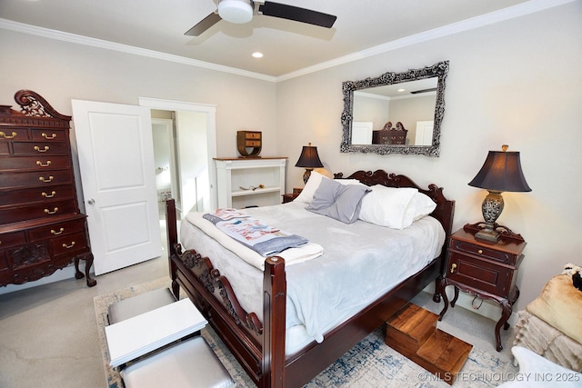 bedroom with ceiling fan, recessed lighting, and ornamental molding