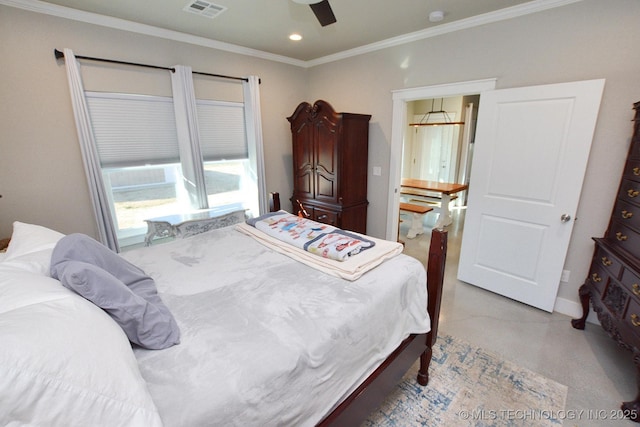 bedroom with recessed lighting, visible vents, ornamental molding, and a ceiling fan