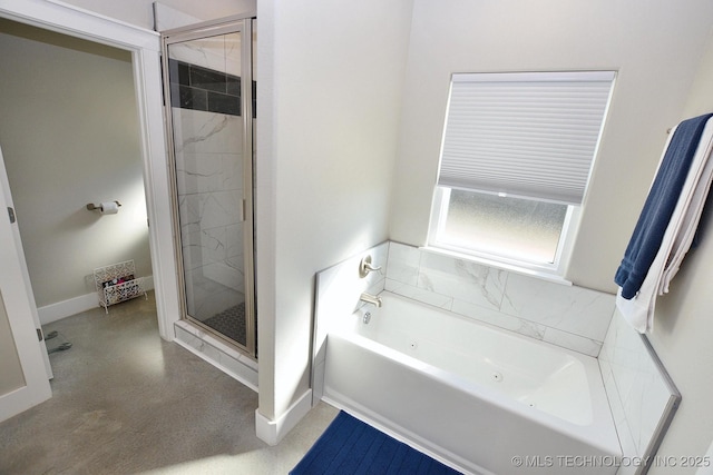 216 E Willis Rd, Tahlequah, OK 74464 - full bath featuring a whirlpool tub, a stall shower, baseboards, and finished concrete flooring