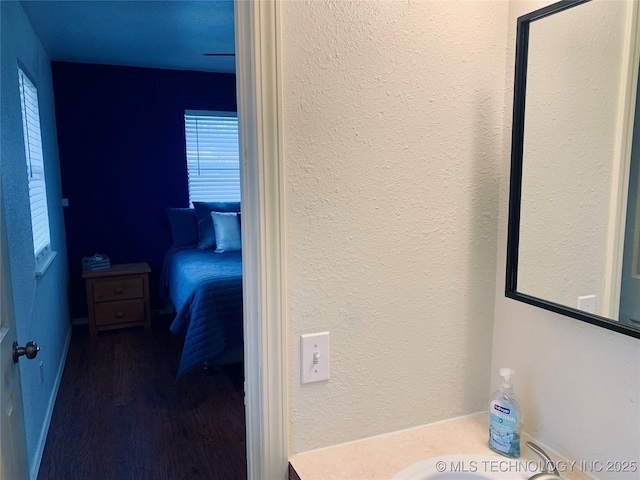 interior space featuring wood finished floors, a textured wall, and a sink