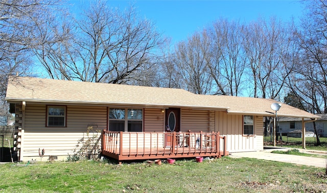 ranch-style home with crawl space, log siding, roof with shingles, and a front yard