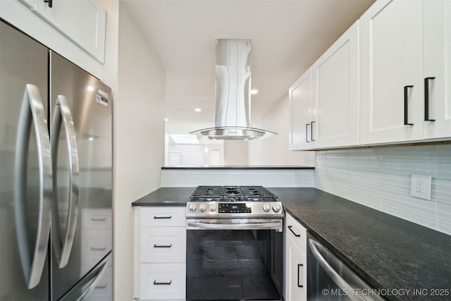 kitchen with recessed lighting, appliances with stainless steel finishes, white cabinetry, backsplash, and island range hood