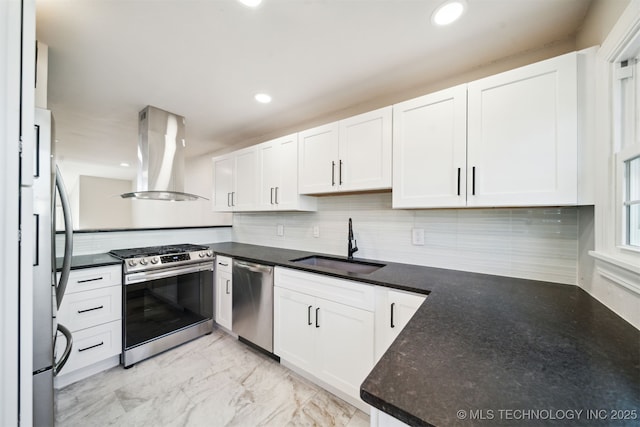 kitchen with marble finish floor, a sink, stainless steel appliances, white cabinets, and island range hood