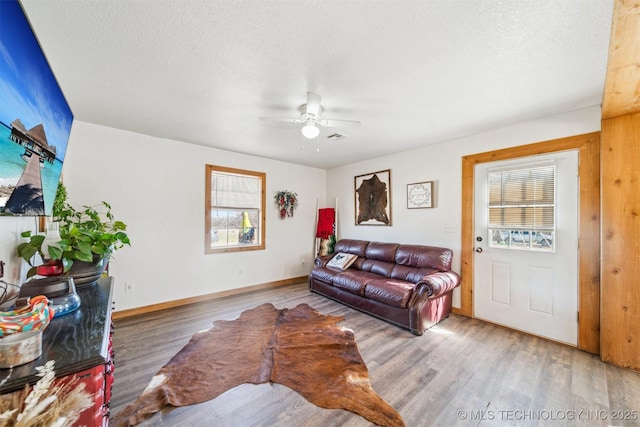 living room with a textured ceiling, a healthy amount of sunlight, and wood finished floors