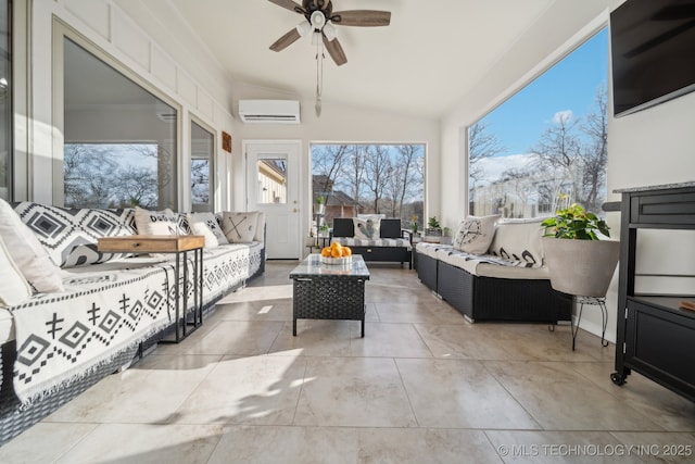 sunroom featuring an AC wall unit, lofted ceiling, and ceiling fan