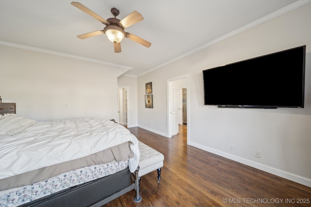 bedroom featuring ceiling fan, baseboards, wood finished floors, and ornamental molding