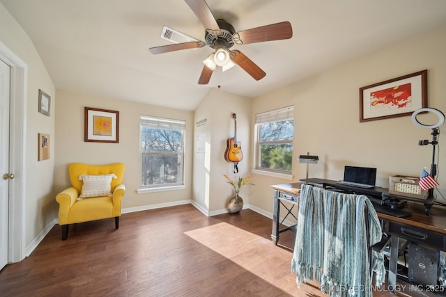 home office with baseboards, wood finished floors, and a ceiling fan