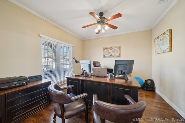 home office featuring ceiling fan, dark wood-type flooring, baseboards, and ornamental molding