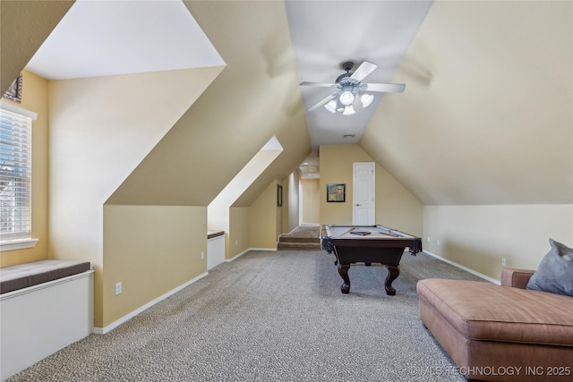 recreation room featuring billiards, a ceiling fan, baseboards, carpet floors, and vaulted ceiling