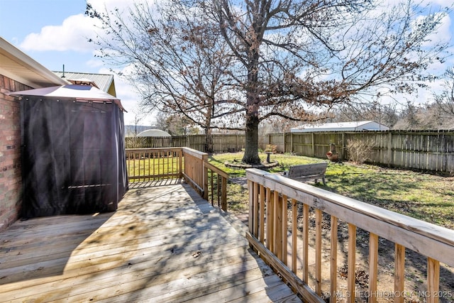 deck featuring a lawn and a fenced backyard