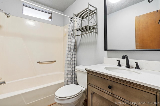 full bath with shower / bathtub combination with curtain, a textured ceiling, vanity, and toilet