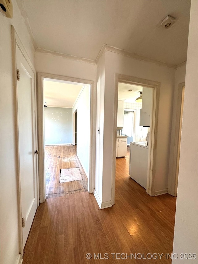 hallway with ornamental molding and wood finished floors