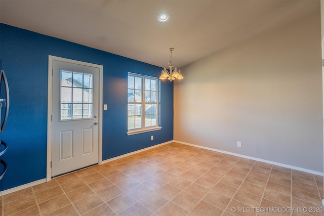 interior space with recessed lighting, baseboards, a chandelier, and tile patterned floors