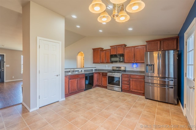 kitchen featuring a notable chandelier, black appliances, a sink, light tile patterned floors, and lofted ceiling