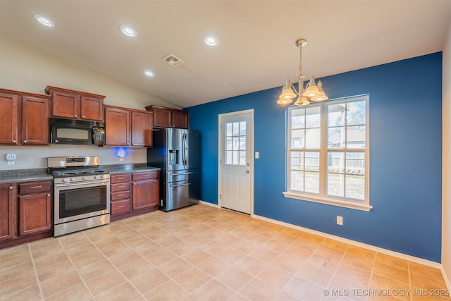 kitchen with visible vents, an inviting chandelier, lofted ceiling, stainless steel appliances, and dark countertops