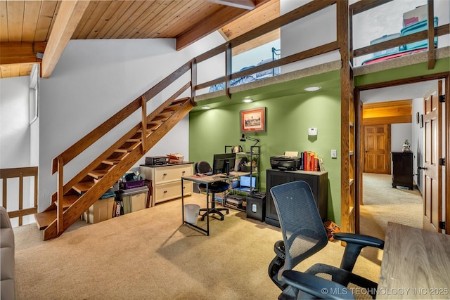 office featuring beamed ceiling, high vaulted ceiling, wood ceiling, and carpet flooring